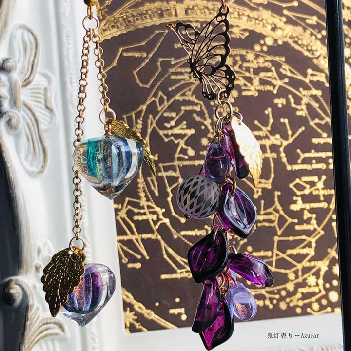 Amazon.co.jp: 藤の花に舞う蝶と揺れる鬼灯 和風ピアス イヤリング